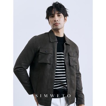 機車復古皮夾克男 夏季百搭雅痞帥氣拉鏈輕熟風外套休閑綠色皮衣