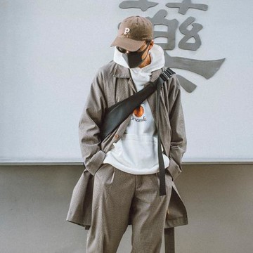 【349元任選3件】季千鳥格紋中長款BF寬松氣質青年束帶工裝風衣男