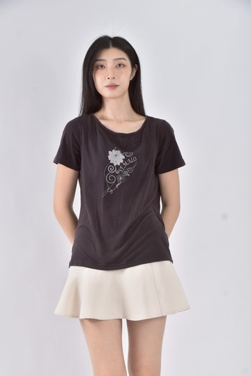 (L) st malo棉質花卉黑色短袖上衣