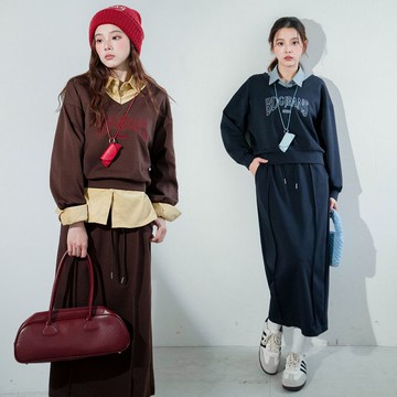 ★套裝！V領英字刺繡長袖上衣+鬆緊腰抽繩長裙附可愛小包(共2色)1028 預購【NR2221】