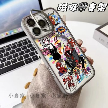 卡通蜘蛛俠 磁吸鏡頭金屬支架手機殼 送鏡頭膜 iPhone 16 15 14 13 12 11 Pro Max保護殼