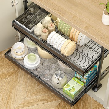 可伸縮免打孔櫥櫃拉籃抽屜式雙層廚房置物架櫃內抽拉碗碟籃瀝水架