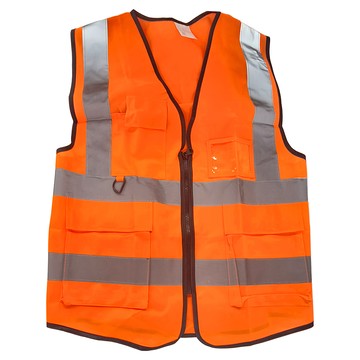 反光背心 附夾鏈袋 多口袋 拉鍊設計 夜間反光條  橘色 + 黑邊  1組  XL