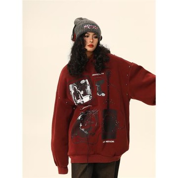 野生阿子美式街頭酒紅色復古連帽衛衣男女寬松oversize加絨外套潮