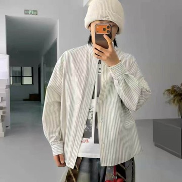 復古條紋襯衫長袖百搭男生春秋新款日系寬鬆休閒翻領襯衫外套