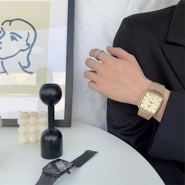 商務方形手表男士精鋼網帶復古百搭時尚土豪金小金表防水石英表潮