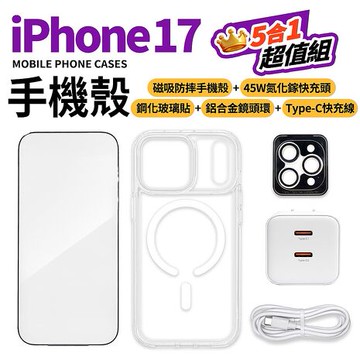 Apple iPhone 17全系列大滿配守護5件組(空壓殼 保護貼 充電器 傳輸線 鏡頭貼 i17