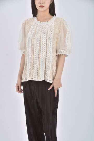 (S) 質感紡紗蕾絲透膚棕色短袖上衣