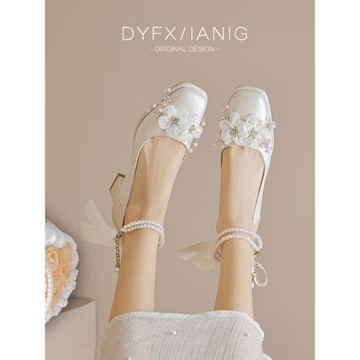 瑪麗珍婚鞋新娘鞋女2023新款綢緞婚紗秀禾兩穿禮服法式粗跟高跟鞋