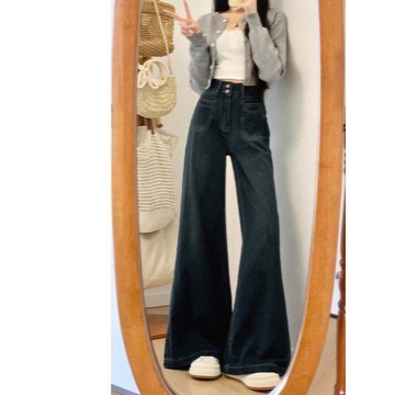 【免費參觀】牛仔褲 牛仔長褲 長褲女 褲子 深藍色慵懶鬆弛感牛仔褲女秋季大碼胖mm梨形身材寬鬆顯瘦闊腿褲子