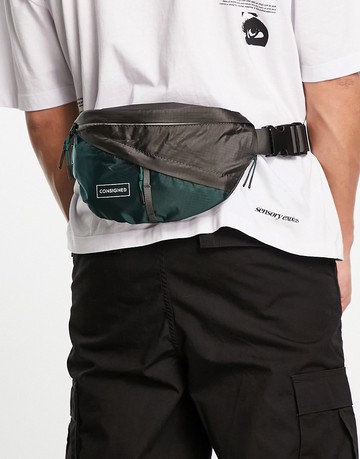 Consigned colour block bum bag in grey and green-Multi