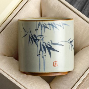 米黃汝窯開片可養手繪竹韻圓品杯陶瓷功夫茶具主人杯復古家用茶杯
