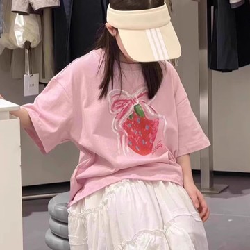 🌸YR🌸 兒童短袖 女童短袖T恤 中大童短袖 波拉童裝夏季新款女童洋氣草莓印花短袖T恤親子中大童休閒寬鬆潮T