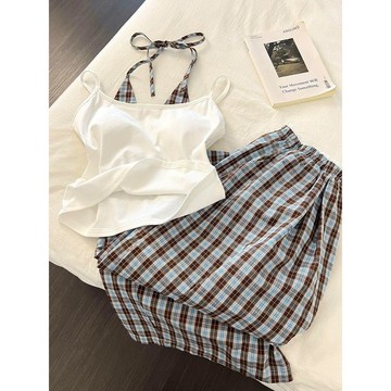 ✨精選好物✨美韓繫帶帶胸墊吊帶睡衣女 有胸墊家居服套裝  吊帶睡衣  家居長褲  夏天可外穿格子長褲家居服