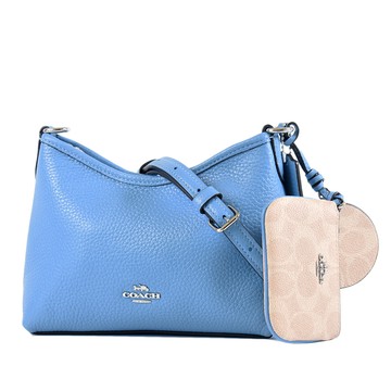 COACH Laurel 鵝卵石紋拉鍊/肩背二用小包-藍/附隨身鏡/零錢包