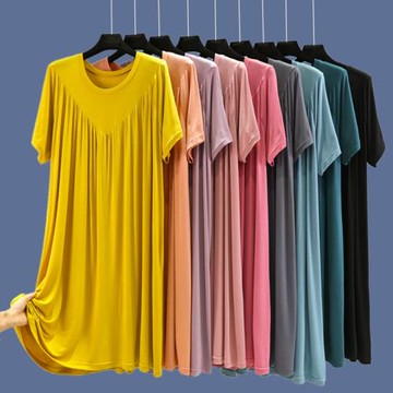 大碼連衣裙女莫代爾薄款家居服睡衣寬松短袖睡裙過膝中長款百褶裙