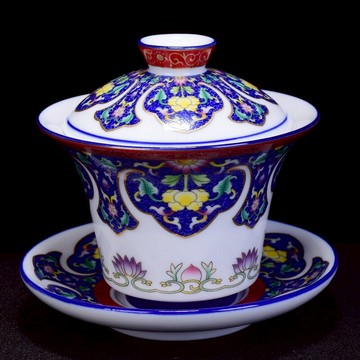 陶生活陶瓷琺瑯彩繪蓋碗大號三才茶碗茶托泡茶杯壺承白瓷功夫茶具1入