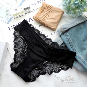 S-5L 內褲【描寫幸福】性感裸透蕾絲網紗三角褲 (黑x膚色) MyDoll