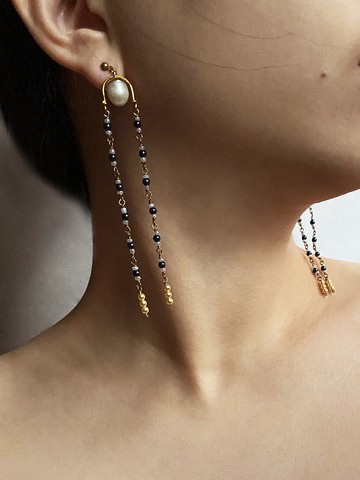 手織長鍊珍珠耳環 - 黃銅耳環