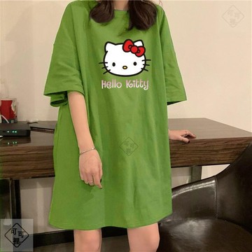 可可裡🌺【1594人收藏】2025新款韓版KT貓短袖中長款t恤女潮ins寬松大碼過膝連衣裙可外穿