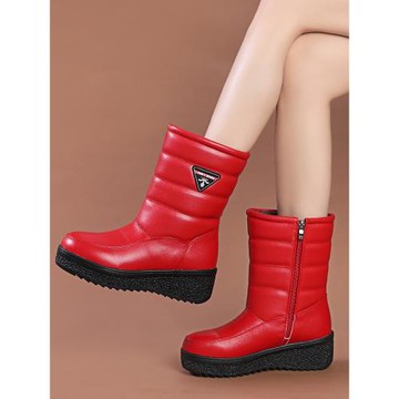 真皮雪地靴女冬季加絨加厚中筒靴防水皮面棉鞋女側拉鏈工作媽媽鞋