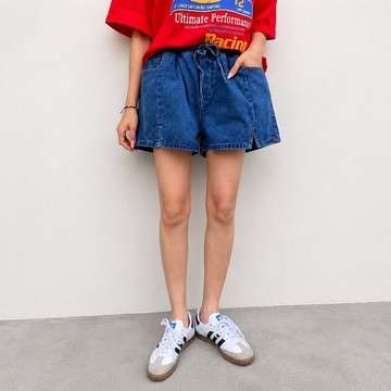MANIFEST 正韓鬆緊腰前車線開衩短褲 韓國牛仔褲 韓國女裝 海灘 休閒 夏天短褲 休閒簡約 現貨