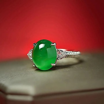 玉髓滿綠蛋面S925純銀鑲嵌戒圈簡約大氣款戒指開口可調節隔珠