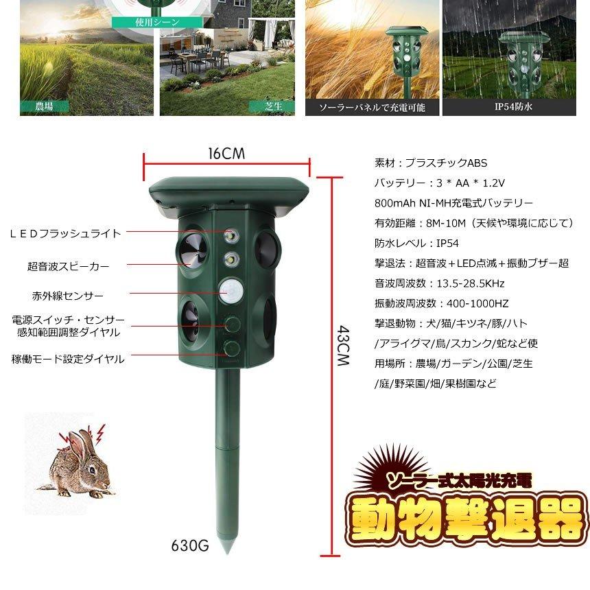 動物撃退器 害獣撃退 超音波スピーカー 広範囲 強力LEDフラッシュ 野良犬 猫よけ カラス 鳥 ネズミ 5つのモード GEKITAI