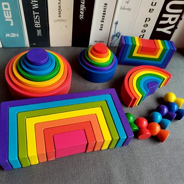 早教多彩半圓形狀積木小人組合木制兒童益智積木疊疊樂玩具