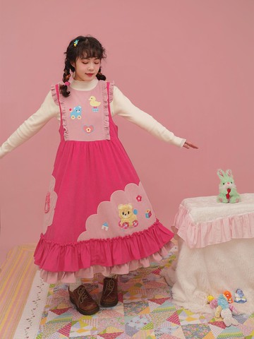 復古昭和 樹莓粉玩具拼貼連身裙