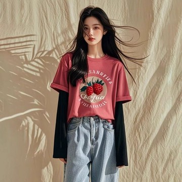 洋氣獨特別緻絕美漂亮上衣春季時尚休閒樹莓粉色假兩件T恤女 糖果色假兩件秋冬女裝 可愛秋裝上衣 氣質女裝假兩件上衣