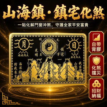 台灣出貨 方形山海鎮貼紙 日月同輝八卦圖 金色工藝門窗裝飾 自黏背膠風水掛飾 15x9.5cm客廳大門玻璃