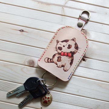 手作植鞣皮革鑰匙包神氣貓