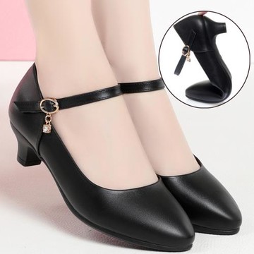 軟底真皮舒適一字扣媽媽鞋跳舞女鞋中年單鞋細跟工作鞋女黑色皮鞋
