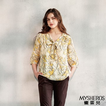 【MYSHEROS蜜雪兒】V領綁帶鏈條印花上衣-黃