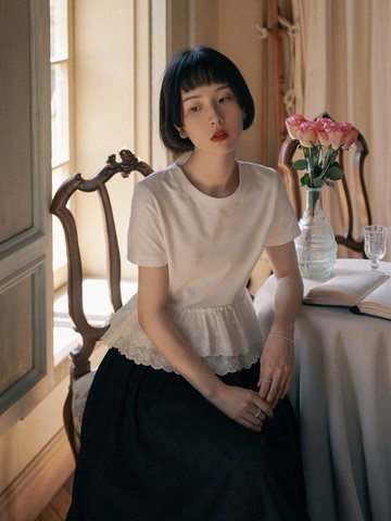 白色 雙層花邊短袖圓領小白T恤 甜美風百搭上衣