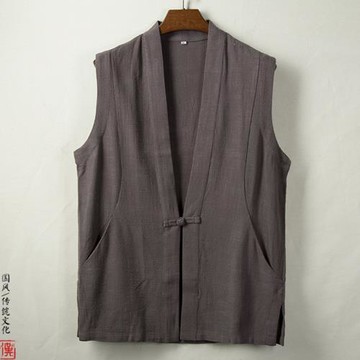 春夏季中式古風棉麻馬甲純色V領坎肩盤扣無袖唐裝男亞麻休閑馬褂