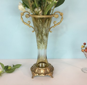 純銅配玻璃花瓶歐式美式法式軟裝家飾工藝品新中式純手工招財擺件