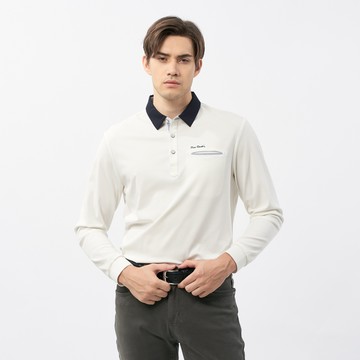 Pierre Cardin 男裝 棉質混紡彈性素色長袖POLO衫-白色 (5235295-90)