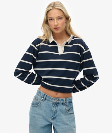 Superdry Women's Athletic Essentials Cropped Stripe Rugby Top Navy Size: 4