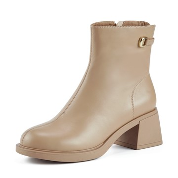 MAGY 金屬釦羊皮拉鍊粗高跟短靴 可可 #14930