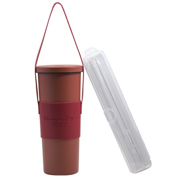 一品川流 【GREEN CUP】芊杯內外316不鏽鋼真空吸管杯-800ml-富貴酒紅色-贈送皮革杯套+吸管組-1支組