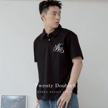 【20ss_select】韓國  草寫英字刺繡POLO衫 落肩寬鬆 情侶衣 韓國男裝 男生短袖 女生短袖 POLO衫