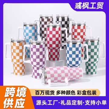 跨境棋盤格貼鉆一代40oz大容量冰霸杯304不銹鋼保溫杯車載汽車杯