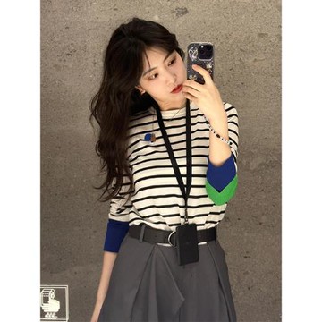 歐洲站圓領長袖條紋針織衫T恤女2025春季新款高級感撞色氣質上衣
