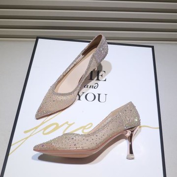 尖頭水鉆性感網紗透氣高跟鞋女2024夏新款仙女風百搭細跟淺口單鞋