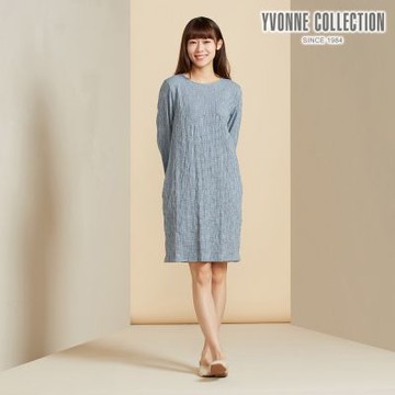 YVONNE 以旺傢飾 皺皺細格紋提花長袖洋裝-暮光綠