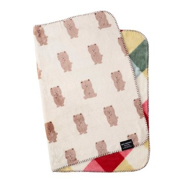 日本 friendshill - 柔軟保暖雙面印花毛毯/蓋毯-小熊&格子-象牙 (70x100cm)