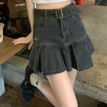 a字顯瘦高腰半身裙2025年新款設計感小眾腰帶牛仔短裙包臀百褶裙