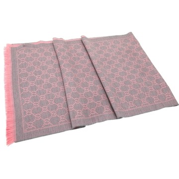 GUCCI 古馳 GG Jacquard 雙色緹花流蘇灰粉色美麗諾羊毛圍巾
